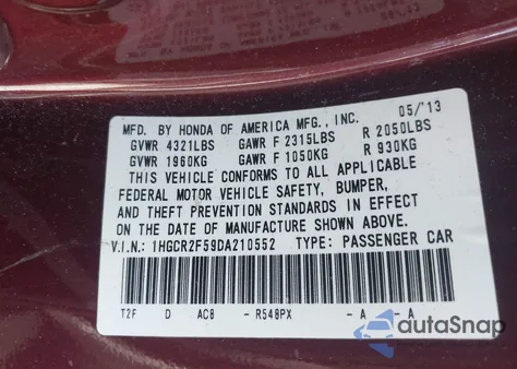 2013 Honda Accord Sport z USA, uszkodzony, nr VIN 1HGCR2F59DA210552